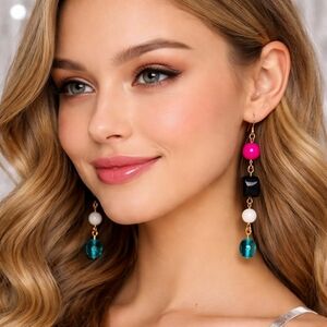 Handmade Long Prom Earrings in Pink Black White Aqua Glass Beads